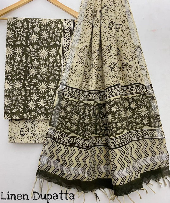 Pure Cotton Handblock Printed Cotton Salwar Suit With Linen Dupatta - 2