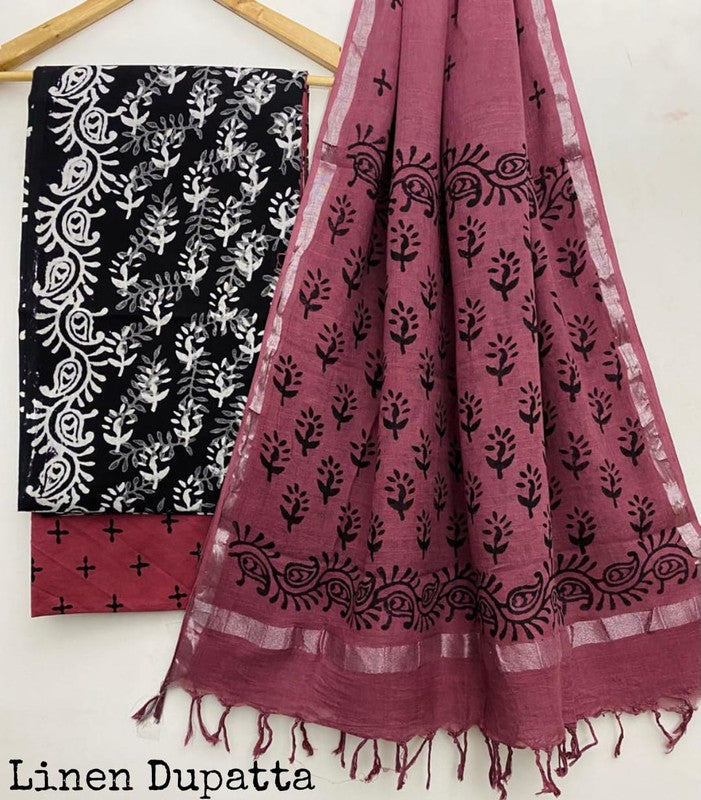 Pure Cotton Handblock Printed Cotton Salwar Suit With Linen Dupatta - 7