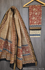 Pure Maheshwari Silk Unstitched Suit Set with Maheshwari Silk Dupatta with Zari Border ( Top, Bottom and Dupatta length 2.5 meter each) - 11