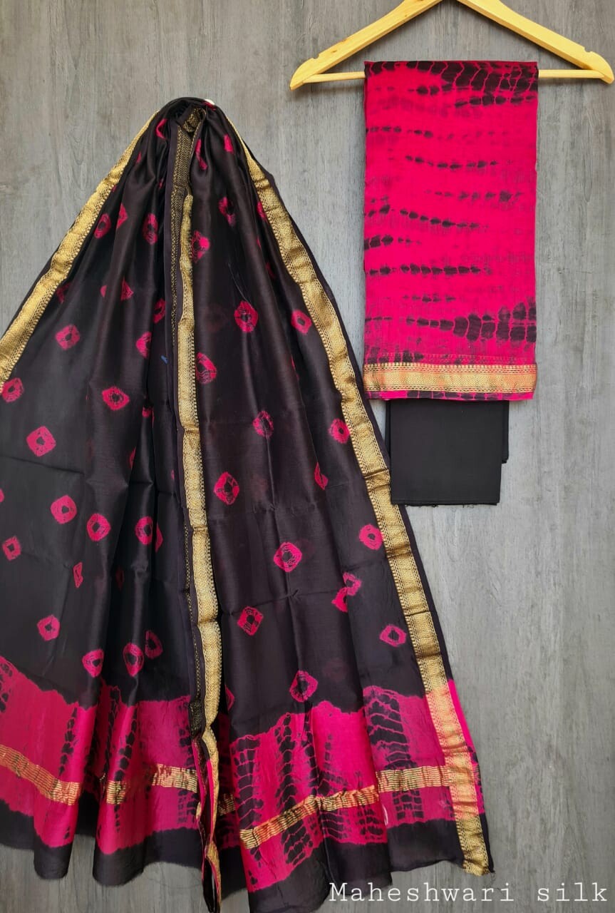 Pure Maheshwari Silk Unstitched Suit Set with Maheshwari Silk Dupatta with Zari Border ( Top, Bottom and Dupatta length 2.5 meter each) - 19