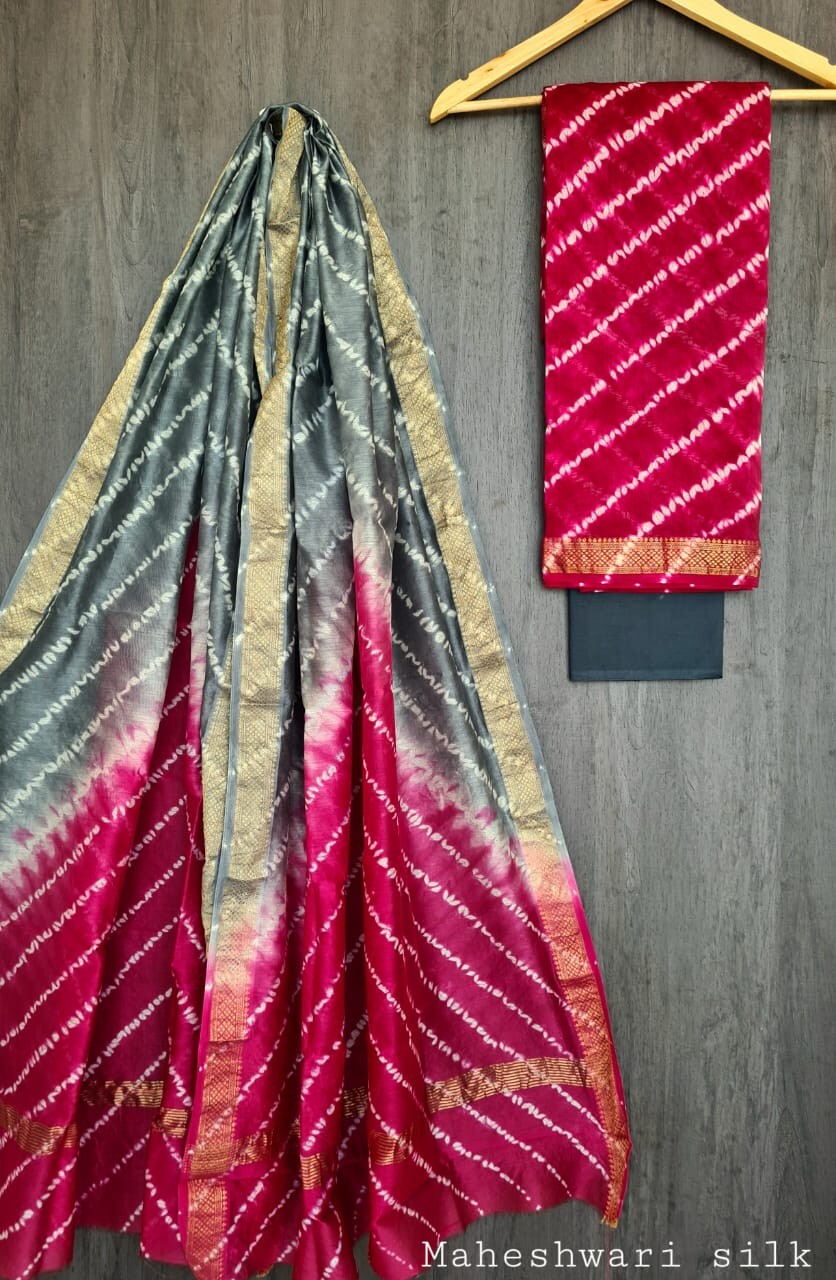 Pure Maheshwari Silk Unstitched Suit Set with Maheshwari Silk Dupatta with Zari Border ( Top, Bottom and Dupatta length 2.5 meter each) - 16