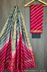 Pure Maheshwari Silk Unstitched Suit Set with Maheshwari Silk Dupatta with Zari Border ( Top, Bottom and Dupatta length 2.5 meter each) - 16