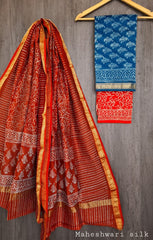 Pure Maheshwari Silk Unstitched Suit Set with Maheshwari Silk Dupatta with Zari Border ( Top, Bottom and Dupatta length 2.5 meter each) - 6