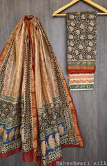 Pure Maheshwari Silk Unstitched Suit Set with Maheshwari Silk Dupatta with Zari Border ( Top, Bottom and Dupatta length 2.5 meter each) - 1
