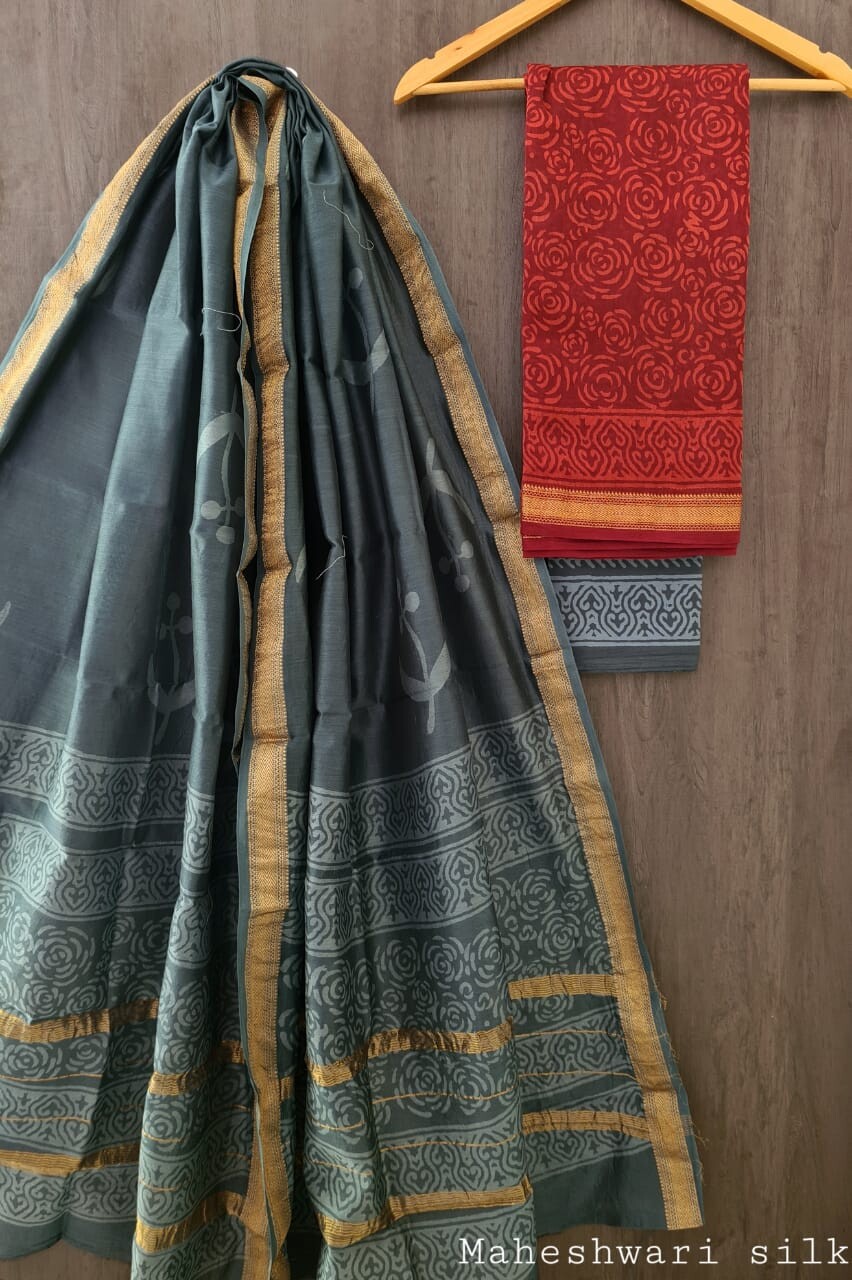 Pure Maheshwari Silk Unstitched Suit Set with Maheshwari Silk Dupatta with Zari Border ( Top, Bottom and Dupatta length 2.5 meter each) - 10