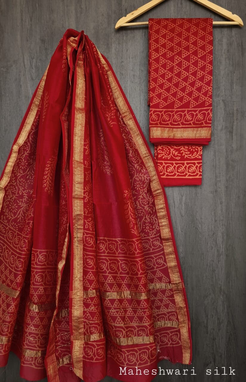 Pure Maheshwari Silk Unstitched Suit Set with Maheshwari Silk Dupatta with Zari Border ( Top, Bottom and Dupatta length 2.5 meter each) - 23