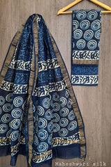 Pure Maheshwari Silk Unstitched Suit Set with Maheshwari Silk Dupatta with Zari Border ( Top, Bottom and Dupatta length 2.5 meter each) - 32