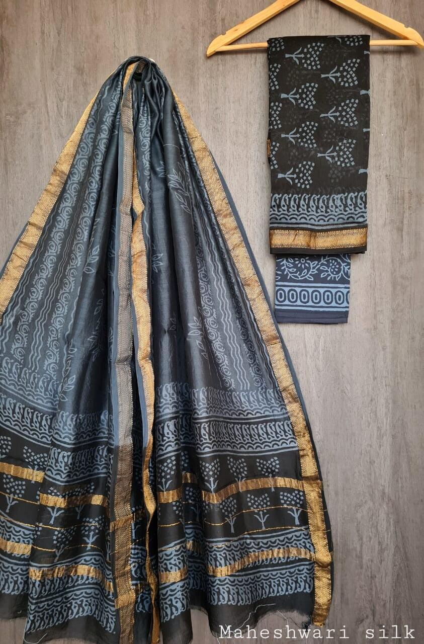 Pure Maheshwari Silk Unstitched Suit Set with Maheshwari Silk Dupatta with Zari Border ( Top, Bottom and Dupatta length 2.5 meter each) - 29