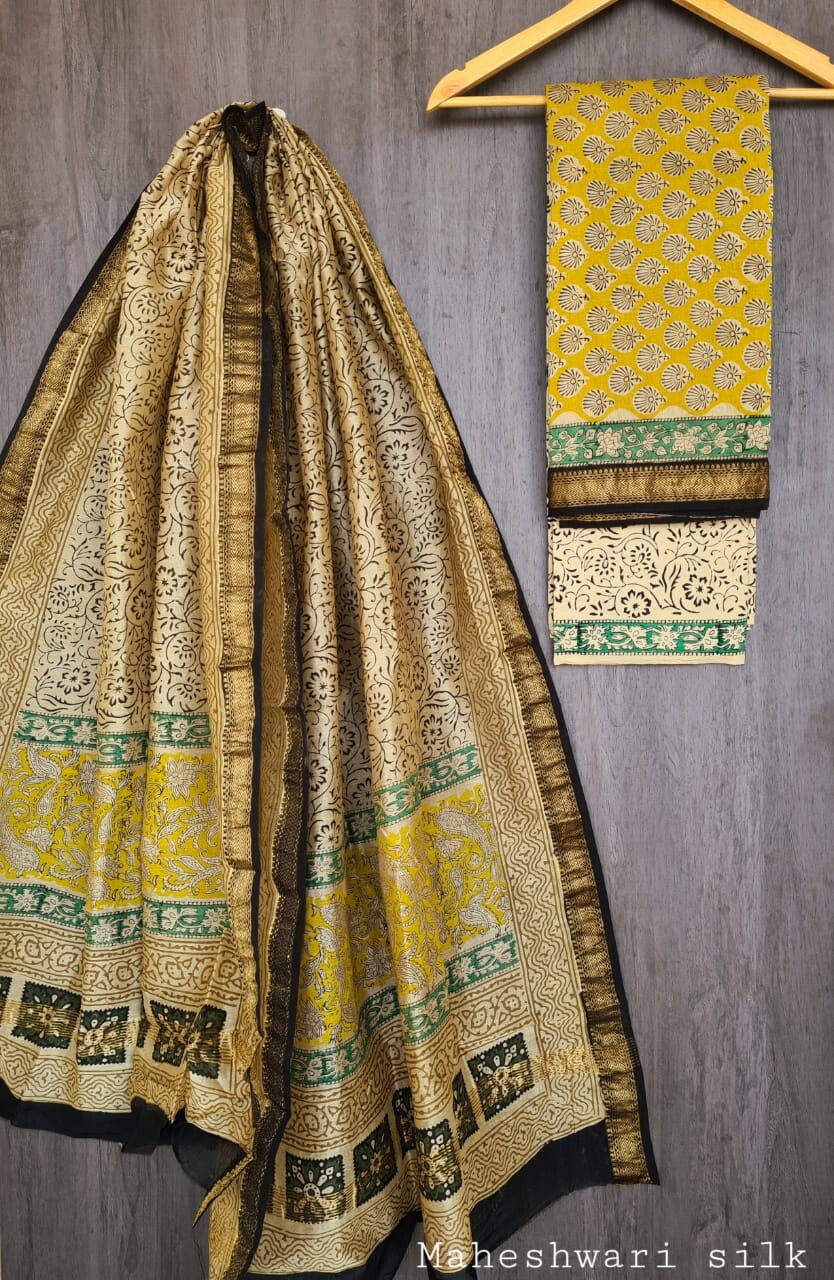 Pure Maheshwari Silk Unstitched Suit Set with Maheshwari Silk Dupatta with Zari Border ( Top, Bottom and Dupatta length 2.5 meter each) - 51