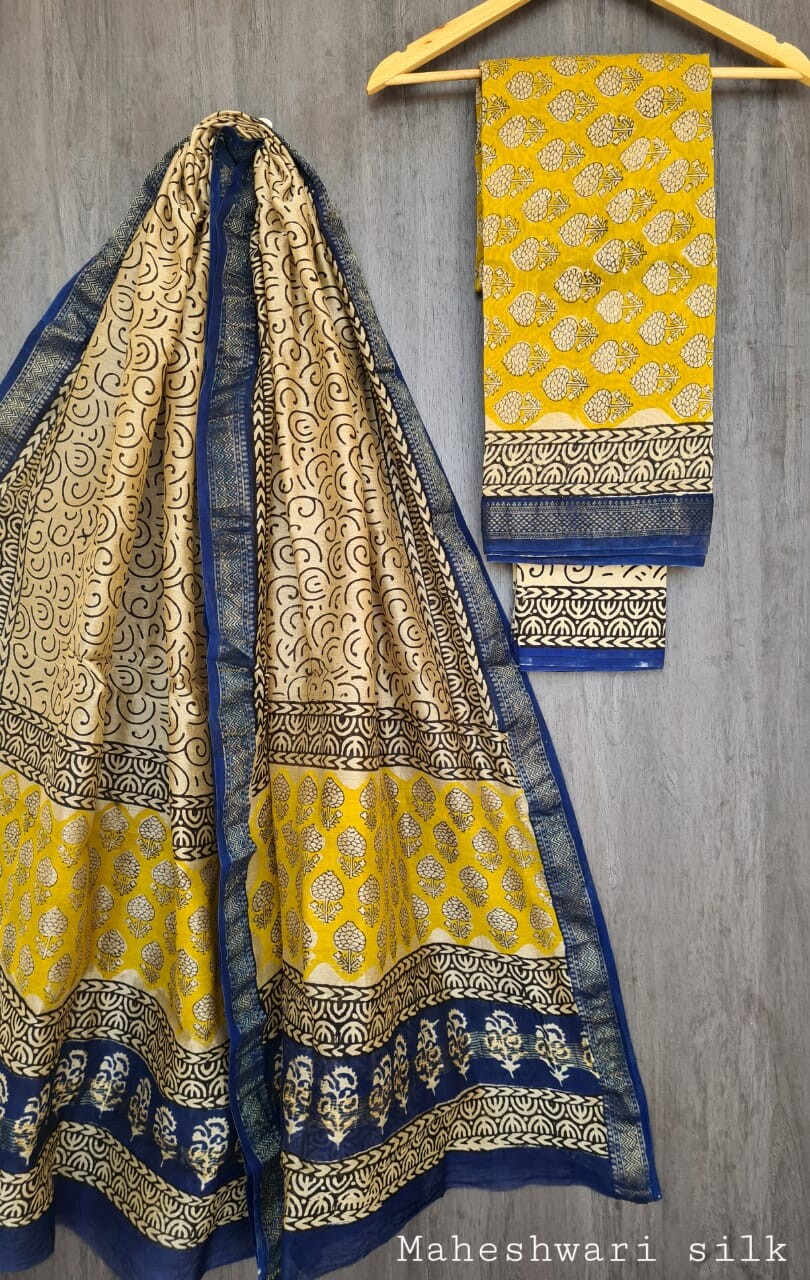 Pure Maheshwari Silk Unstitched Suit Set with Maheshwari Silk Dupatta with Zari Border ( Top, Bottom and Dupatta length 2.5 meter each) - 25