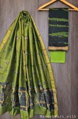 Pure Maheshwari Silk Unstitched Suit Set with Maheshwari Silk Dupatta with Zari Border ( Top, Bottom and Dupatta length 2.5 meter each) - 47