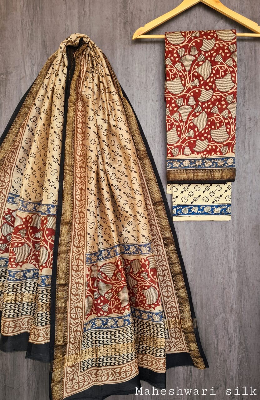 Pure Maheshwari Silk Unstitched Suit Set with Maheshwari Silk Dupatta with Zari Border ( Top, Bottom and Dupatta length 2.5 meter each) - 48