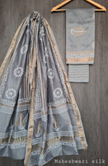 Pure Maheshwari Silk Unstitched Suit Set with Maheshwari Silk Dupatta with Zari Border ( Top, Bottom and Dupatta length 2.5 meter each) - 50