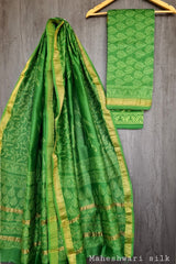 Pure Maheshwari Silk Unstitched Suit Set with Maheshwari Silk Dupatta with Zari Border ( Top, Bottom and Dupatta length 2.5 meter each) - 49