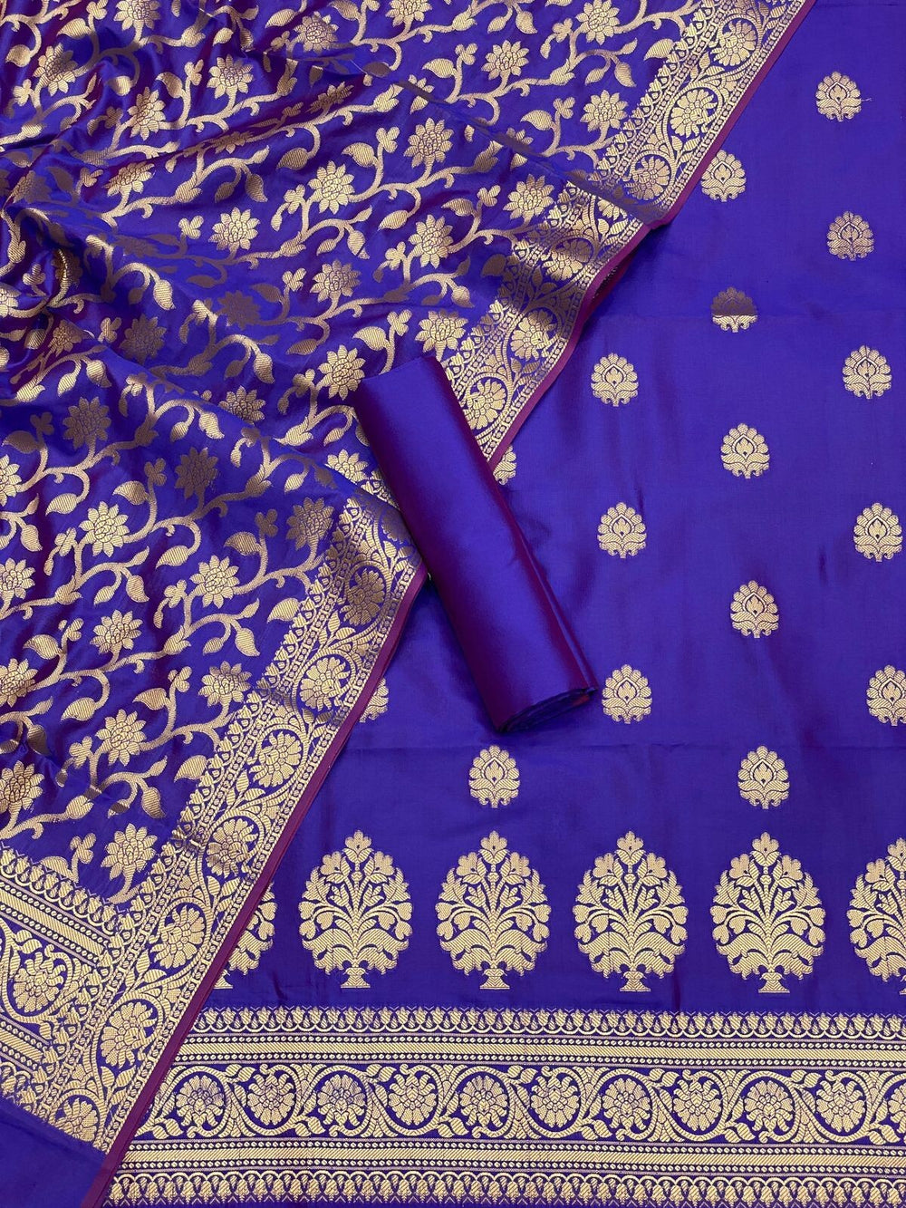 Pure Banarasi Resham Silk Chanderi Flora Double Zari Weaved Suit With Banarasi Zari Weaved Silk Dupatta - 46