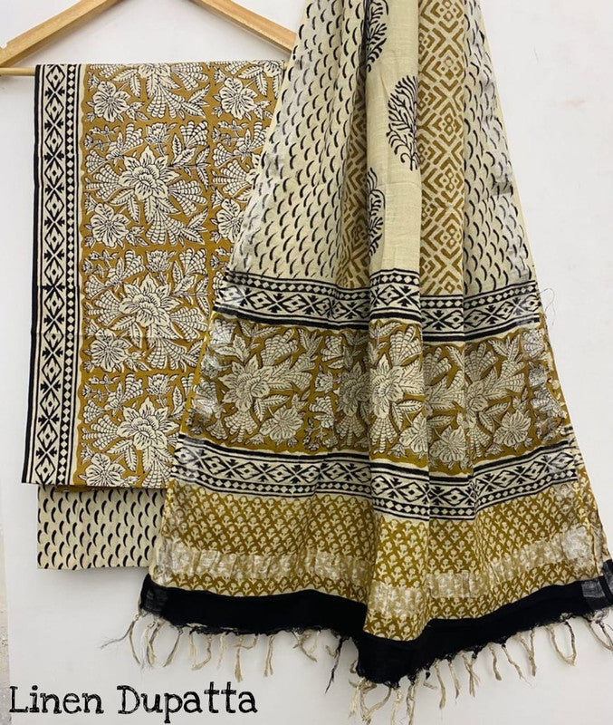 Pure Cotton Handblock Printed Cotton Salwar Suit With Linen Dupatta - 3