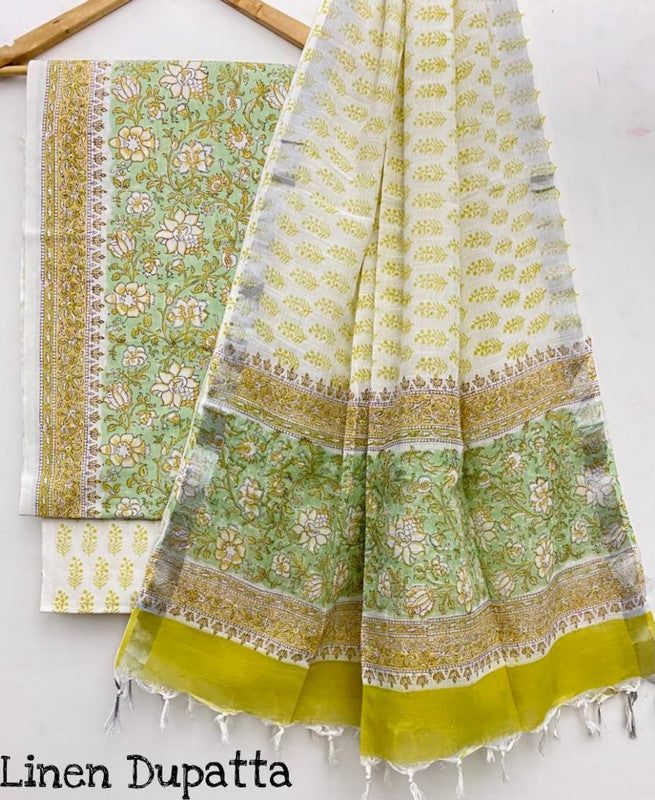 Pure Cotton Handblock Printed Cotton Salwar Suit With Linen Dupatta - 26