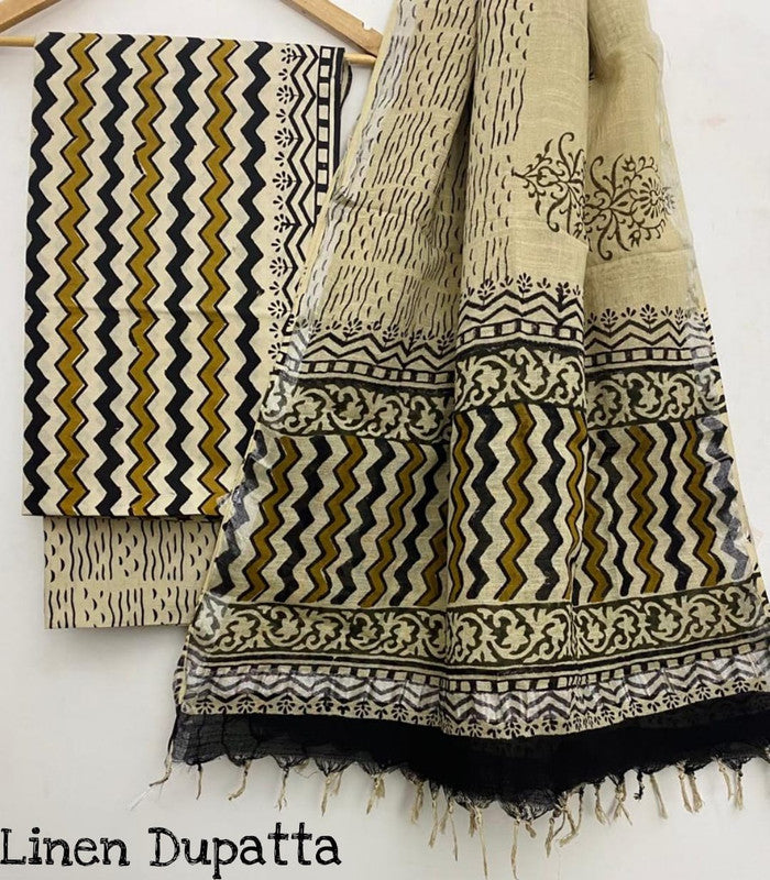 Pure Cotton Handblock Printed Cotton Salwar Suit With Linen Dupatta - 33