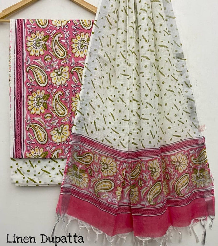 Pure Cotton Handblock Printed Cotton Salwar Suit With Linen Dupatta - 42