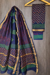 Pure Maheshwari Silk Unstitched Suit Set with Maheshwari Silk Dupatta with Zari Border ( Top, Bottom and Dupatta length 2.5 meter each) - 13