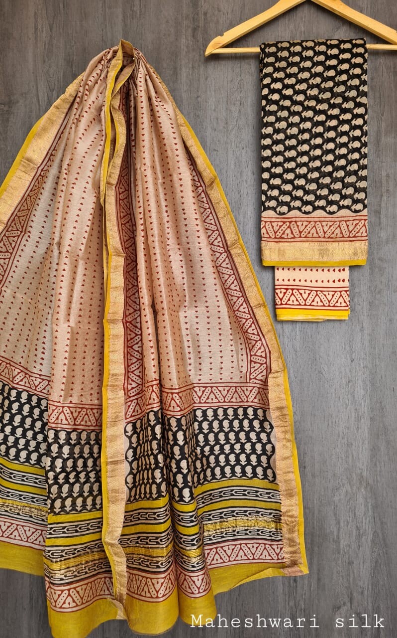 Pure Maheshwari Silk Unstitched Suit Set with Maheshwari Silk Dupatta with Zari Border ( Top, Bottom and Dupatta length 2.5 meter each) - 9