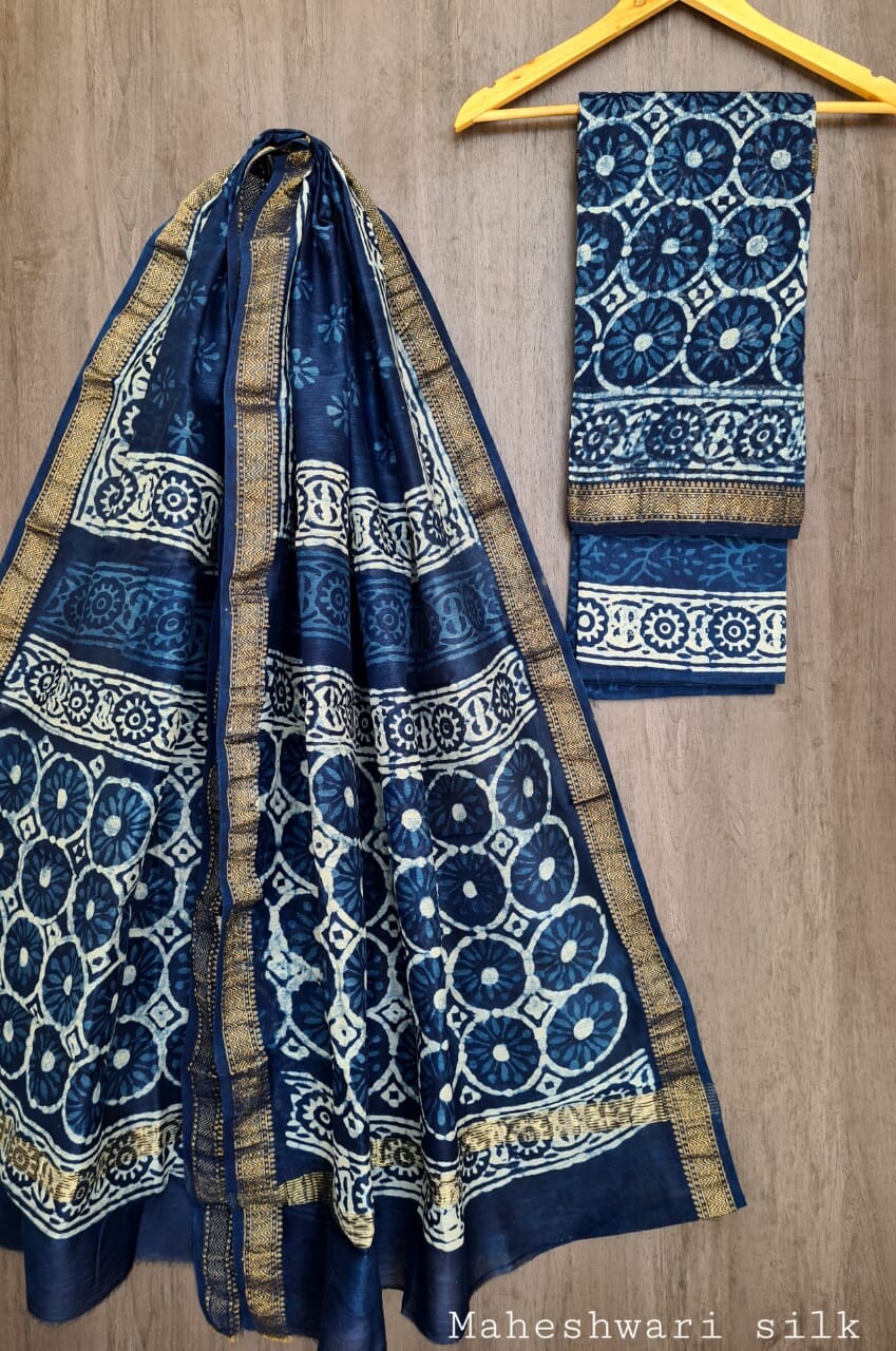 Pure Maheshwari Silk Unstitched Suit Set with Maheshwari Silk Dupatta with Zari Border ( Top, Bottom and Dupatta length 2.5 meter each) - 15