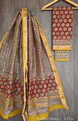 Pure Maheshwari Silk Unstitched Suit Set with Maheshwari Silk Dupatta with Zari Border ( Top, Bottom and Dupatta length 2.5 meter each) - 14