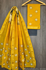 Pure Maheshwari Silk Unstitched Suit Set with Maheshwari Silk Dupatta with Zari Border ( Top, Bottom and Dupatta length 2.5 meter each) - 20