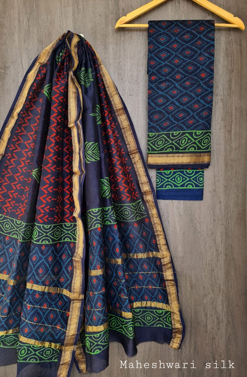 Pure Maheshwari Silk Unstitched Suit Set with Maheshwari Silk Dupatta with Zari Border ( Top, Bottom and Dupatta length 2.5 meter each) - 18