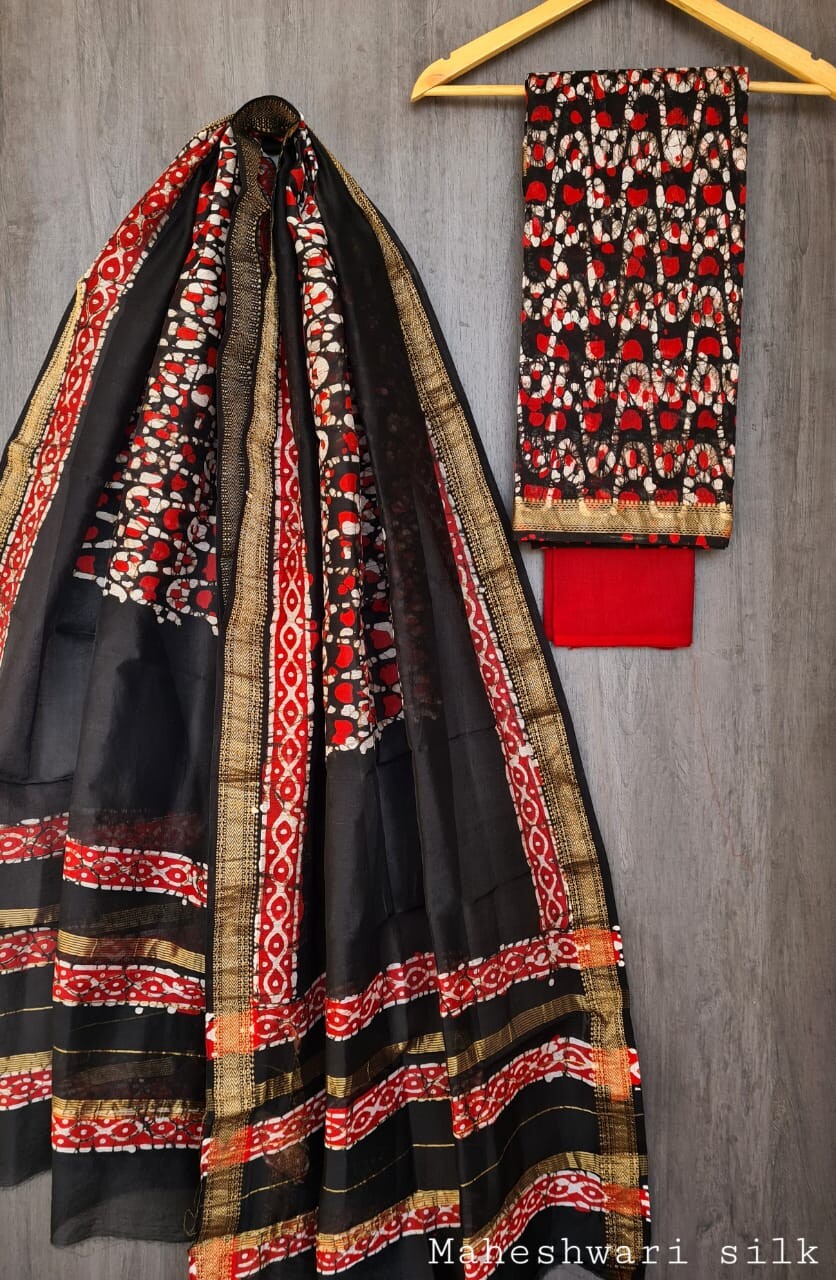 Pure Maheshwari Silk Unstitched Suit Set with Maheshwari Silk Dupatta with Zari Border ( Top, Bottom and Dupatta length 2.5 meter each) - 5