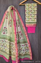 Pure Maheshwari Silk Unstitched Suit Set with Maheshwari Silk Dupatta with Zari Border ( Top, Bottom and Dupatta length 2.5 meter each) - 2