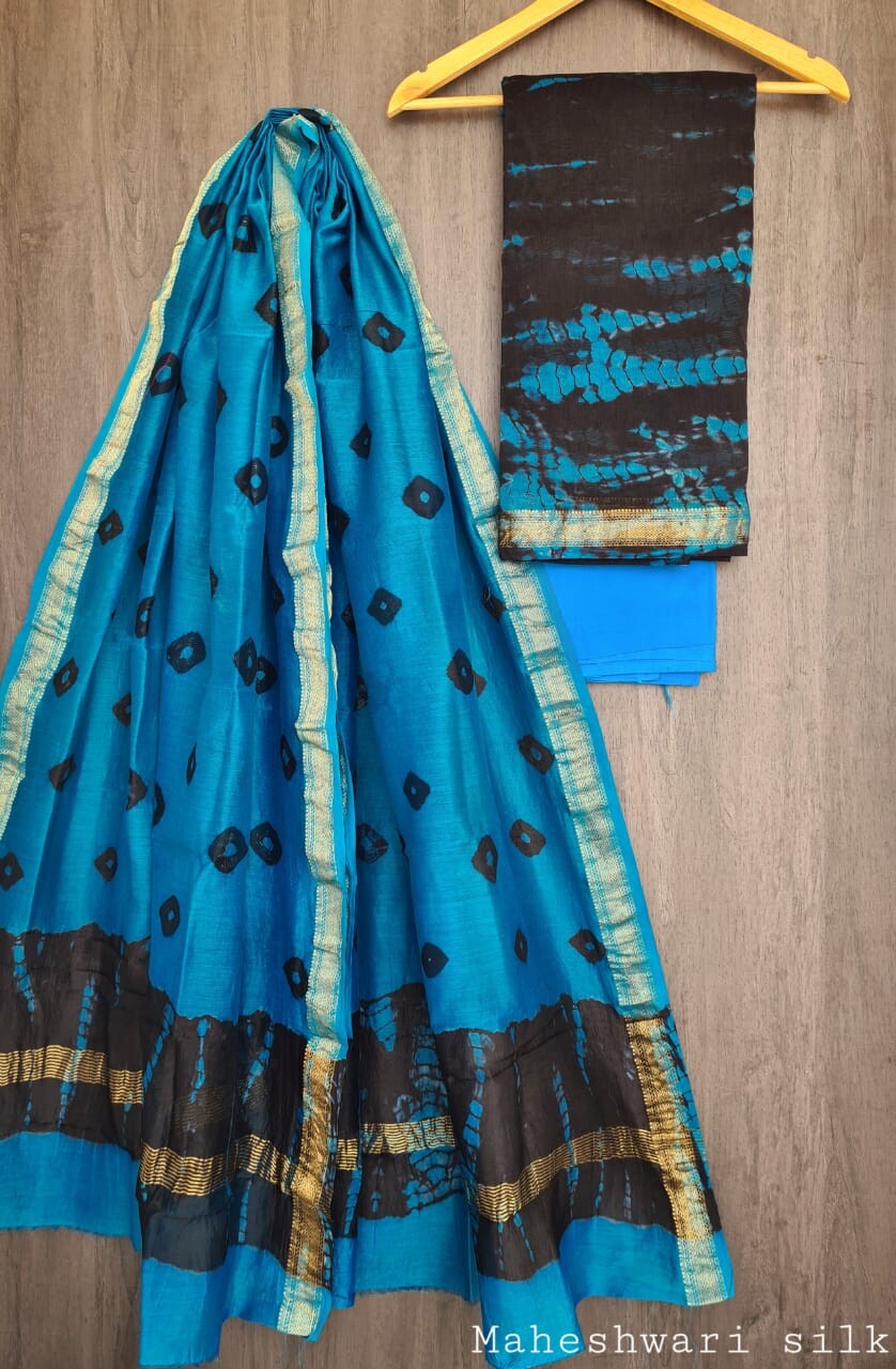 Pure Maheshwari Silk Unstitched Suit Set with Maheshwari Silk Dupatta with Zari Border ( Top, Bottom and Dupatta length 2.5 meter each) - 21