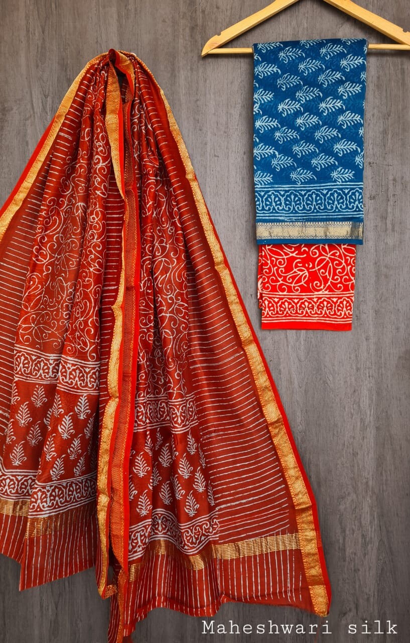 Pure Maheshwari Silk Unstitched Suit Set with Maheshwari Silk Dupatta with Zari Border ( Top, Bottom and Dupatta length 2.5 meter each) - 6