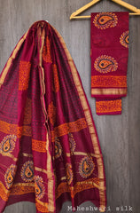 Pure Maheshwari Silk Unstitched Suit Set with Maheshwari Silk Dupatta with Zari Border ( Top, Bottom and Dupatta length 2.5 meter each) - 3