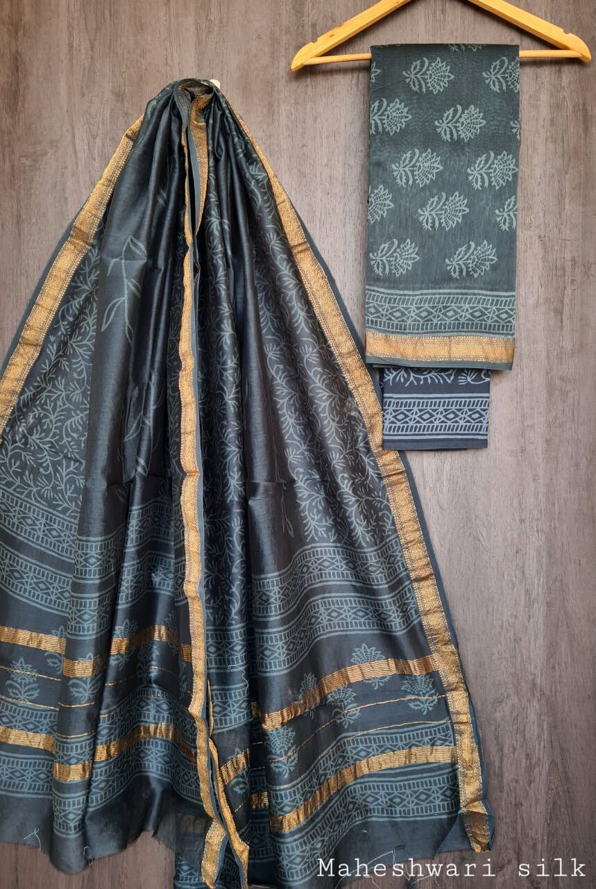Pure Maheshwari Silk Unstitched Suit Set with Maheshwari Silk Dupatta with Zari Border ( Top, Bottom and Dupatta length 2.5 meter each) - 22