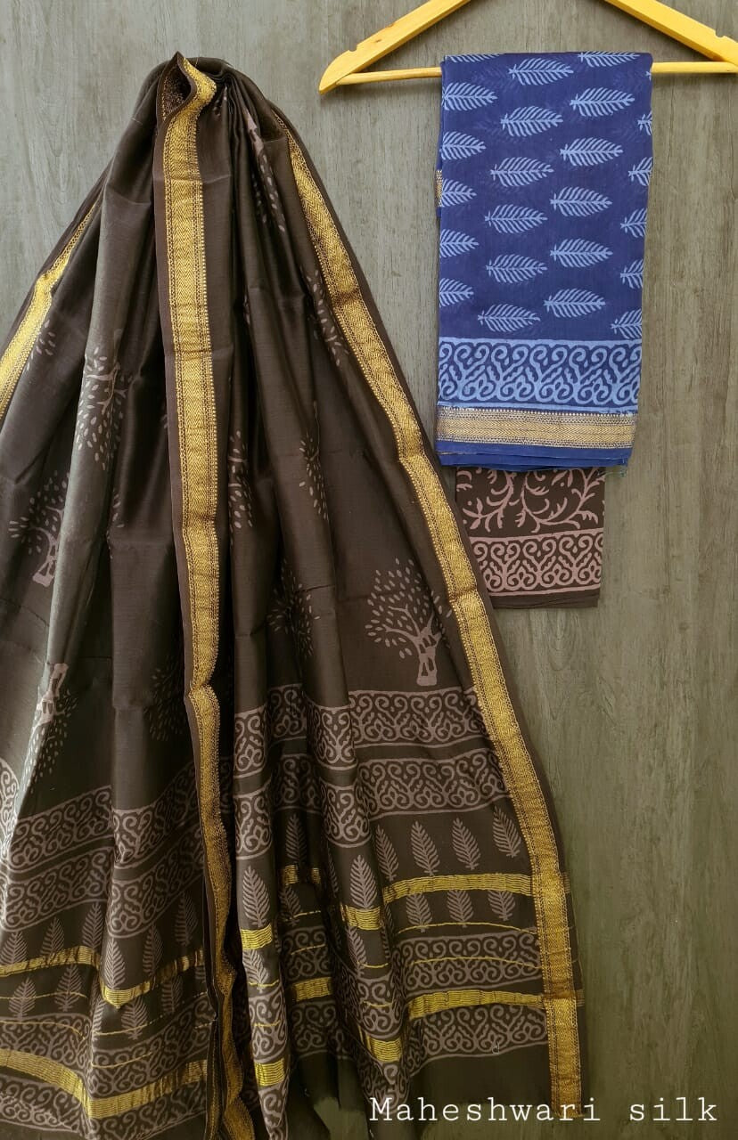 Pure Maheshwari Silk Unstitched Suit Set with Maheshwari Silk Dupatta with Zari Border ( Top, Bottom and Dupatta length 2.5 meter each) - 12