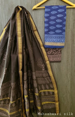 Pure Maheshwari Silk Unstitched Suit Set with Maheshwari Silk Dupatta with Zari Border ( Top, Bottom and Dupatta length 2.5 meter each) - 12