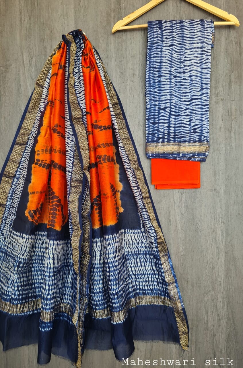 Pure Maheshwari Silk Unstitched Suit Set with Maheshwari Silk Dupatta with Zari Border ( Top, Bottom and Dupatta length 2.5 meter each) - 8