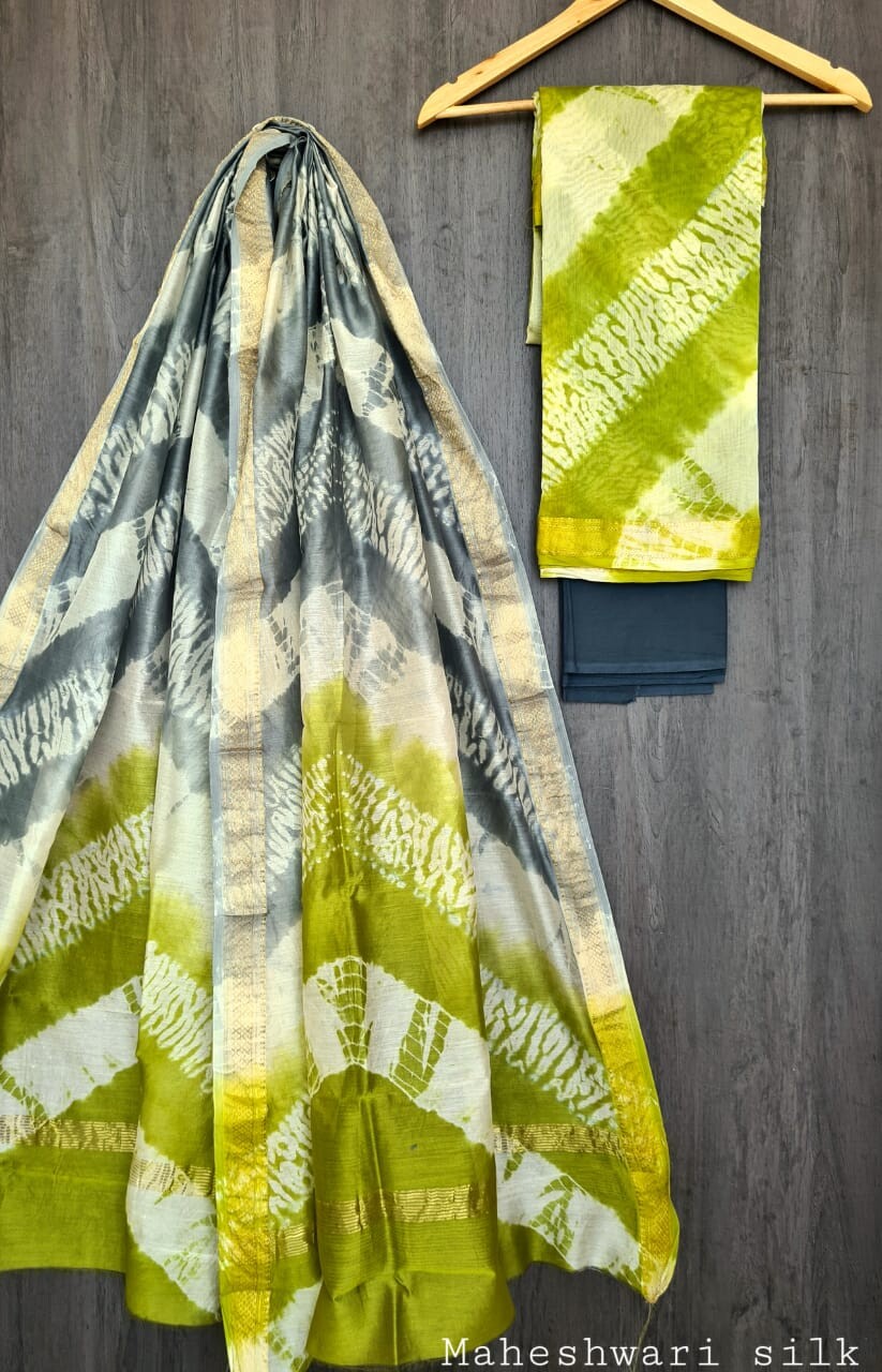 Pure Maheshwari Silk Unstitched Suit Set with Maheshwari Silk Dupatta with Zari Border ( Top, Bottom and Dupatta length 2.5 meter each) - 17