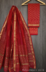 Pure Maheshwari Silk Unstitched Suit Set with Maheshwari Silk Dupatta with Zari Border ( Top, Bottom and Dupatta length 2.5 meter each) - 23