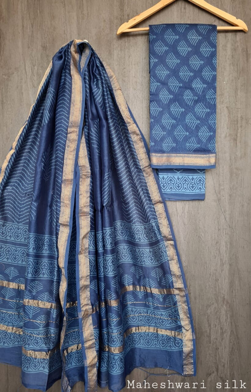 Pure Maheshwari Silk Unstitched Suit Set with Maheshwari Silk Dupatta with Zari Border ( Top, Bottom and Dupatta length 2.5 meter each) - 55