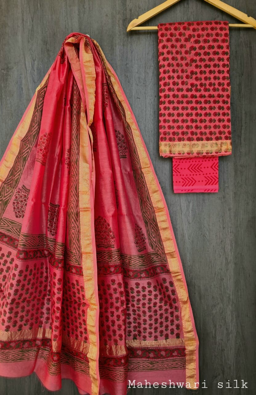 Pure Maheshwari Silk Unstitched Suit Set with Maheshwari Silk Dupatta with Zari Border ( Top, Bottom and Dupatta length 2.5 meter each) - 45