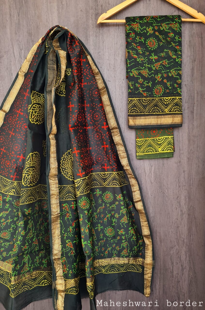 Pure Maheshwari Silk Unstitched Suit Set with Maheshwari Silk Dupatta with Zari Border ( Top, Bottom and Dupatta length 2.5 meter each) - 38