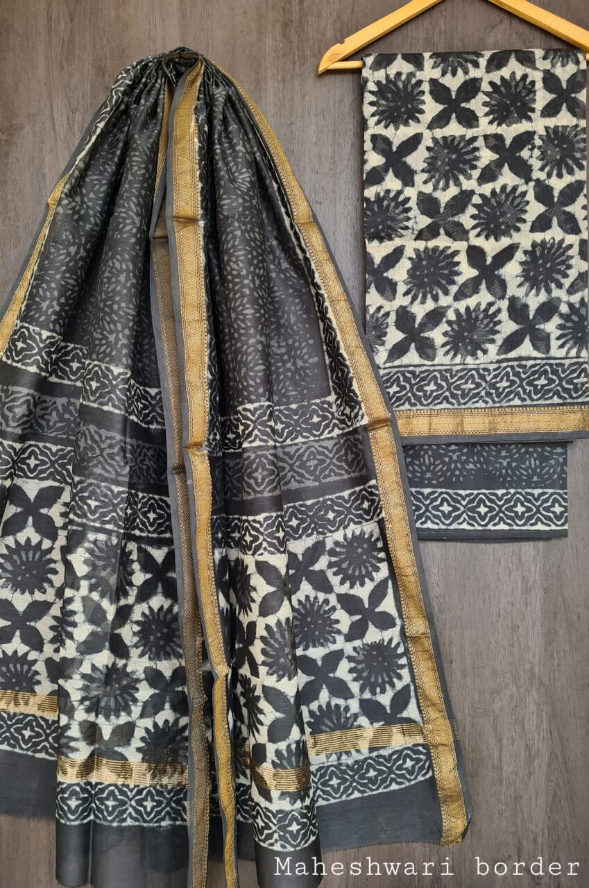 Pure Maheshwari Silk Unstitched Suit Set with Maheshwari Silk Dupatta with Zari Border ( Top, Bottom and Dupatta length 2.5 meter each) - 39