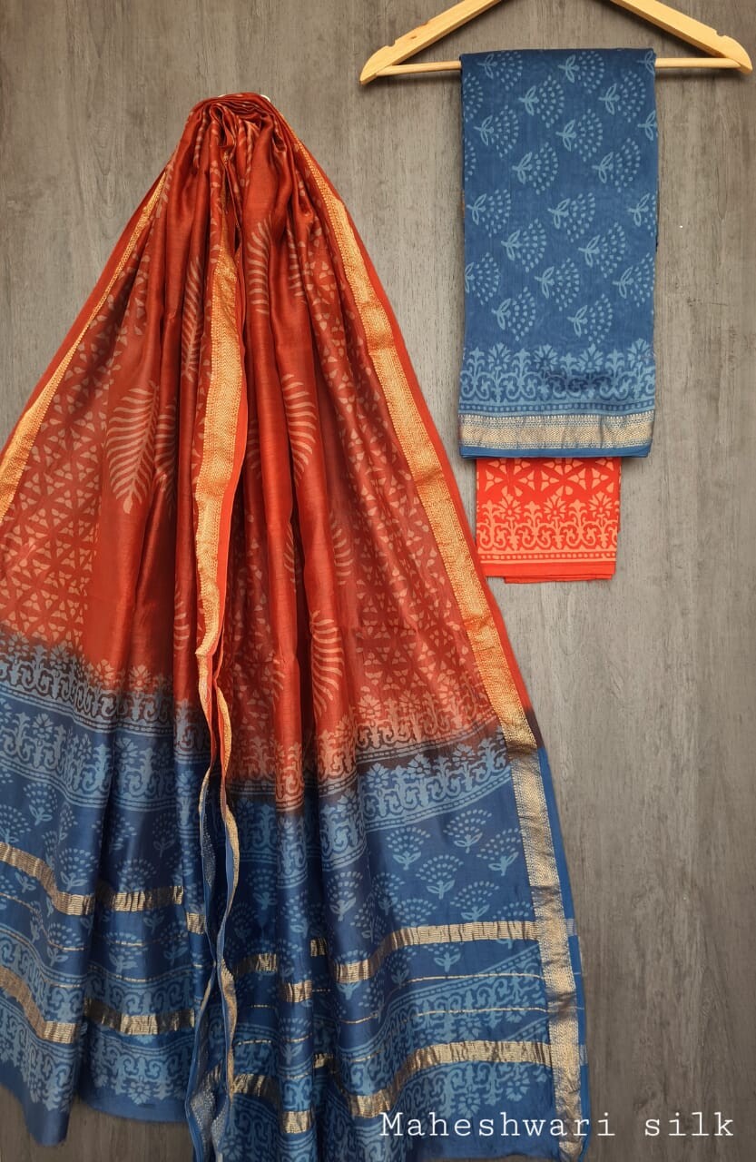 Pure Maheshwari Silk Unstitched Suit Set with Maheshwari Silk Dupatta with Zari Border ( Top, Bottom and Dupatta length 2.5 meter each) - 46