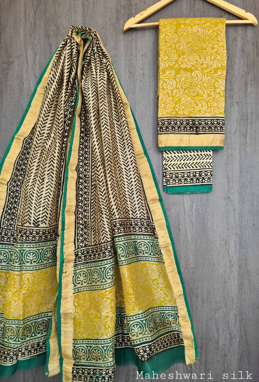 Pure Maheshwari Silk Unstitched Suit Set with Maheshwari Silk Dupatta with Zari Border ( Top, Bottom and Dupatta length 2.5 meter each) - 27