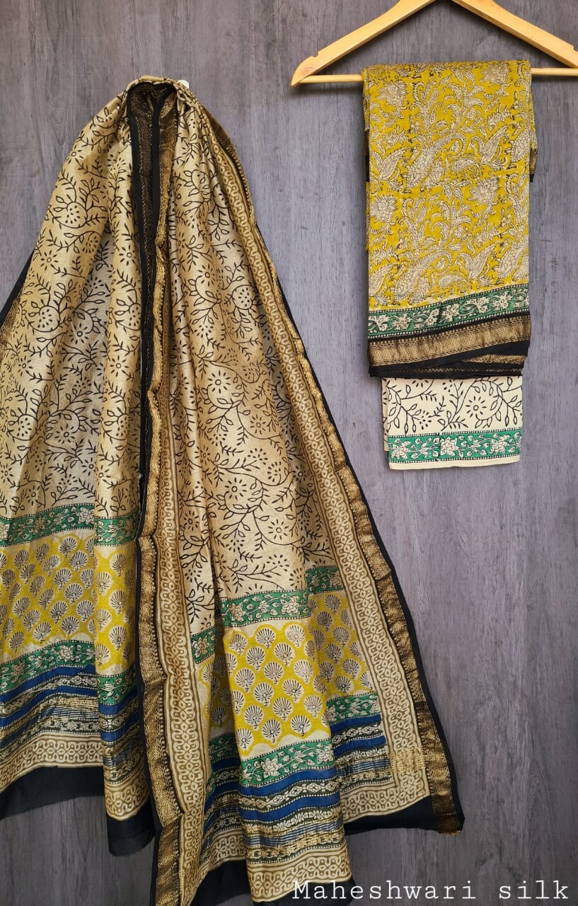 Pure Maheshwari Silk Unstitched Suit Set with Maheshwari Silk Dupatta with Zari Border ( Top, Bottom and Dupatta length 2.5 meter each) - 33