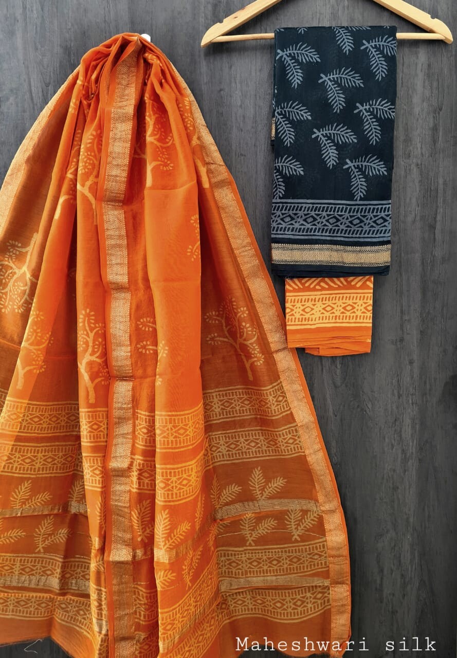 Pure Maheshwari Silk Unstitched Suit Set with Maheshwari Silk Dupatta with Zari Border ( Top, Bottom and Dupatta length 2.5 meter each) - 52