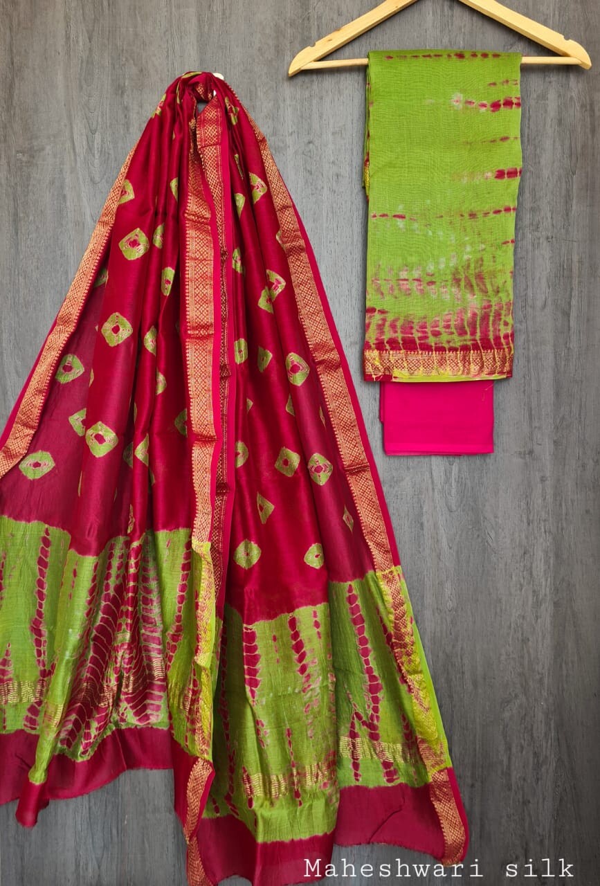 Pure Maheshwari Silk Unstitched Suit Set with Maheshwari Silk Dupatta with Zari Border ( Top, Bottom and Dupatta length 2.5 meter each) - 24