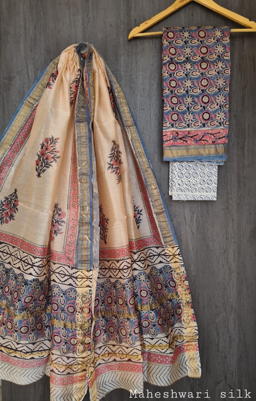 Pure Maheshwari Silk Unstitched Suit Set with Maheshwari Silk Dupatta with Zari Border ( Top, Bottom and Dupatta length 2.5 meter each) - 35